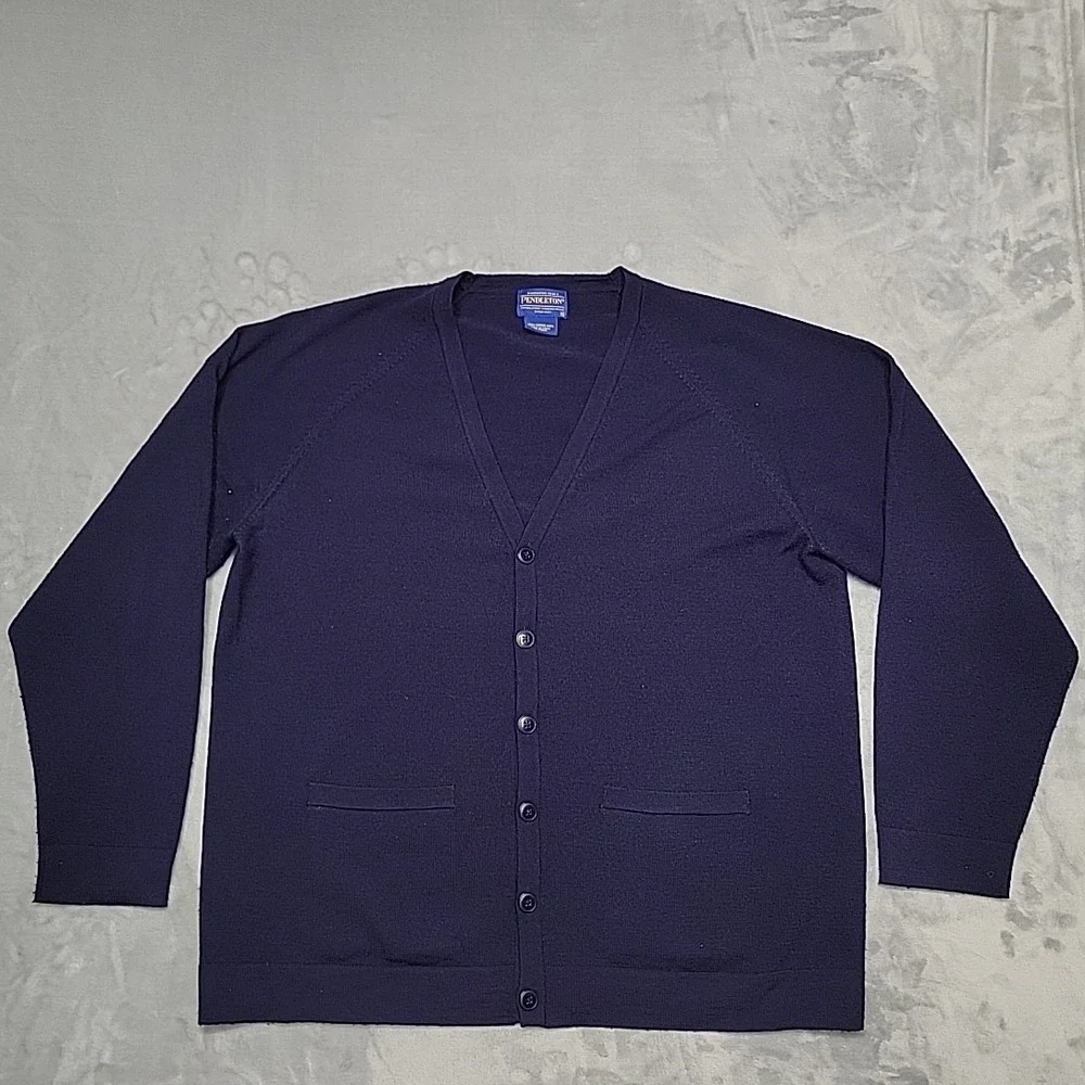 Pendleton Cardigan Mens XL Navy Blue Merino Wool V-Neck Button Up Retro Sweater